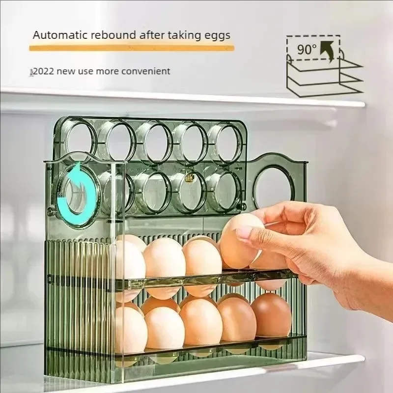 Egg Holder for Refrigerator, 3 Layer Auto Flip Egg Storage Box For Refrigerator Side Door, 30 Count Large Capacity Clear Egg Box