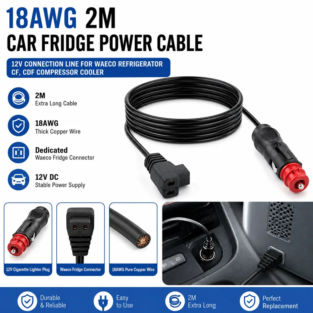 12V Car Refrigerator Power Cord 2M Fridge Freezer Power Cord For ARB Car Cigarette Lighter Adapter Fridge Heater Extension Cable