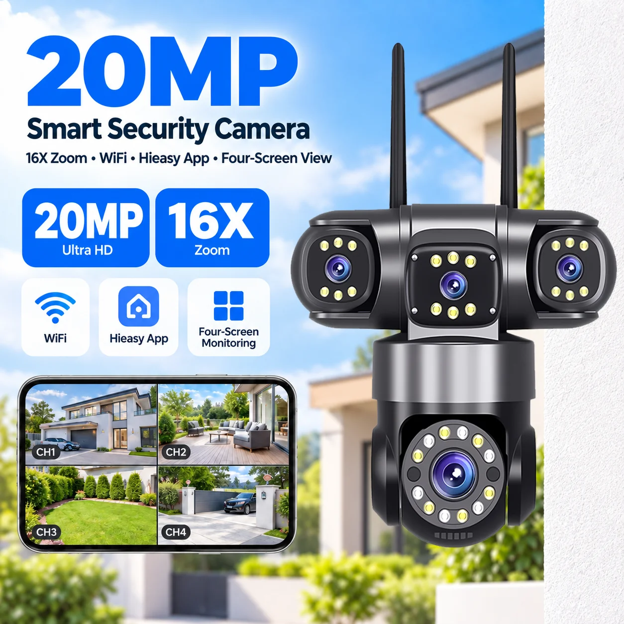 20MP 16X Zoom 3 Screens 4 Lens WIFI Camera HD  Security Camera with  PTZ Night Vision Auto-Tracking Waterproof