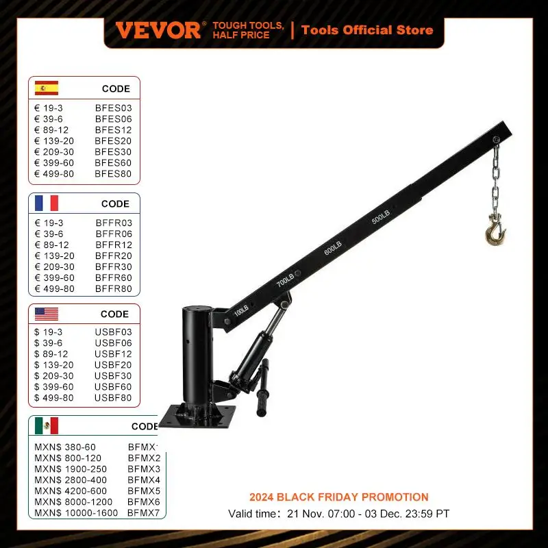 VEVOR 1000 / 1100 LBS Xe Bán Tải Cần Cẩu Thủy Lực Pa Lăng Xích Kéo Tay Nâng Cần Trục Đế Xoay Cho Xây Dựng Giao Thông Ngành Công Nghiệp