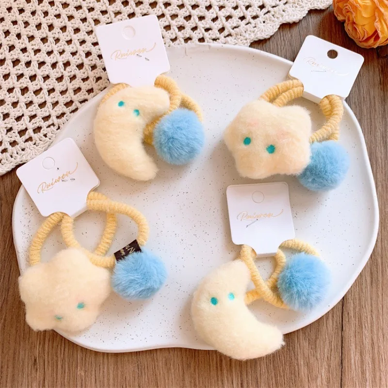 

Cute Light Yellow Plush Star Moon Pom Pom Hair Ties Set Soft Elastic Non Slip Ponytail Holders Baby Girls Daily Hair Accessories