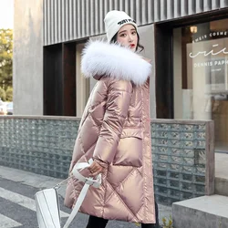 Glossy Design Chic Waistband Pockets Slim Thick Korean-Style Parka Ladies Warm Long Fur Collar Winter Coat Women Cheap Wholesale