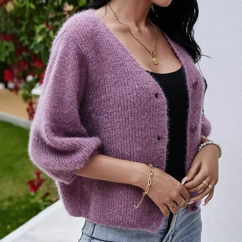 

Новый свободный вязаный свитер V-Ne ort Purple Svel Cardigan Lantern Sve Commute Sle Tee Ацетатное волокно 00% ...