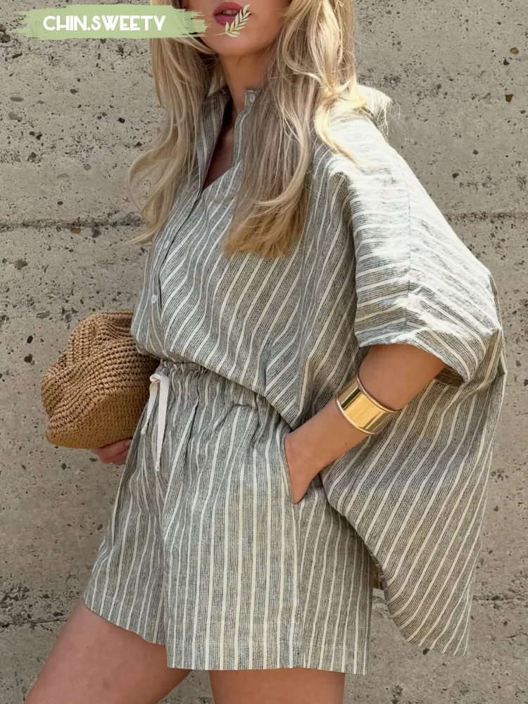 

Chic Striped Women's Shorts Suits Summer Fashion Casual Lapel Half Sleeve Single Breasted Shirts Sets 2025 Lady Street Outfits