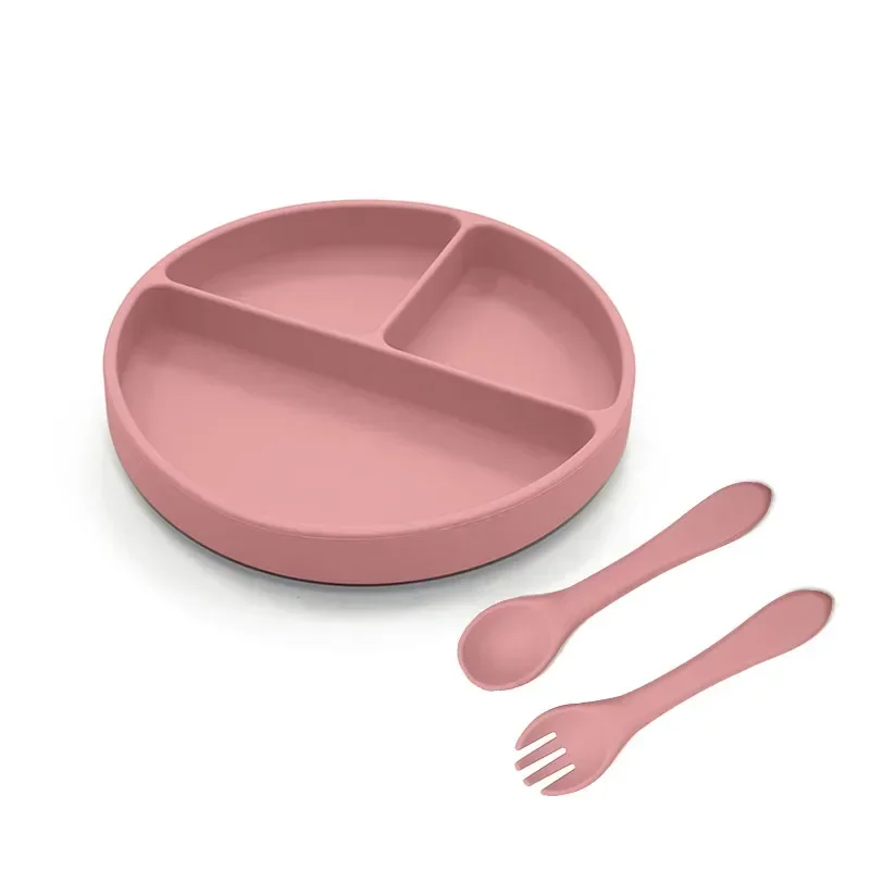 Baby 3pcs/set Safe Silicone Tableware Set Children Sucker Dining Plate Wood Fork and Spoon Kids Feeding Training Dishes BPA Free