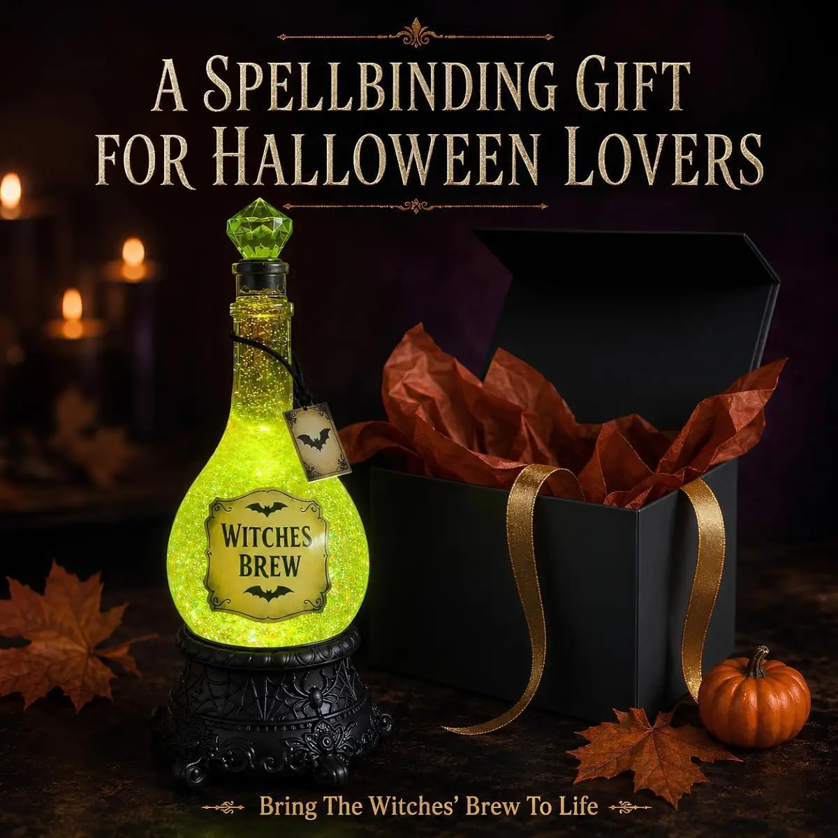 Lighted Witches' Brew Bottle Glitter Globe Green Light up with Swirling Glitter Effect Jewel Stopper