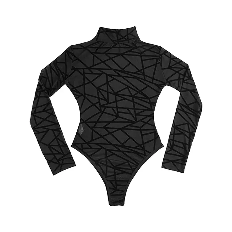 섹시한 바디 슈트 메쉬 패치 워크 스트라이프 시스루 긴 소매 목 넥 점프 슈트 여성 수영복 타이트 블랙 Romper Y2k Bodysuit