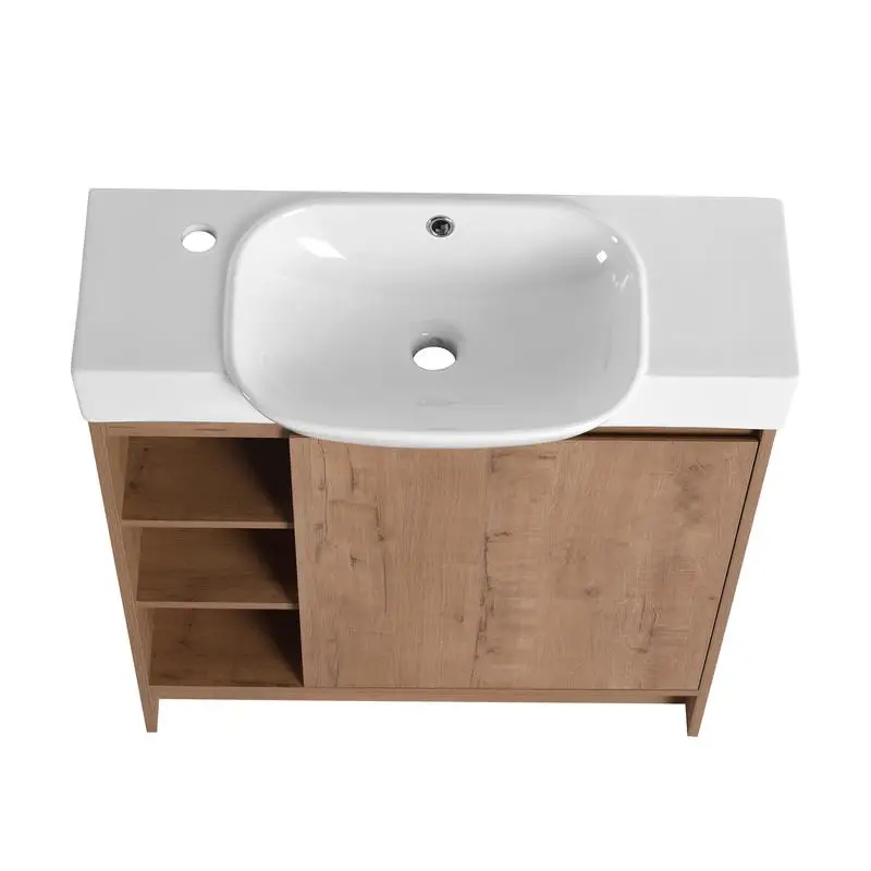 30 inch vrijstaande badijdelheid met witte keramische wastafel en soft-close deur, KD-verpakking, modern ontwerp voor ruimtebesparend