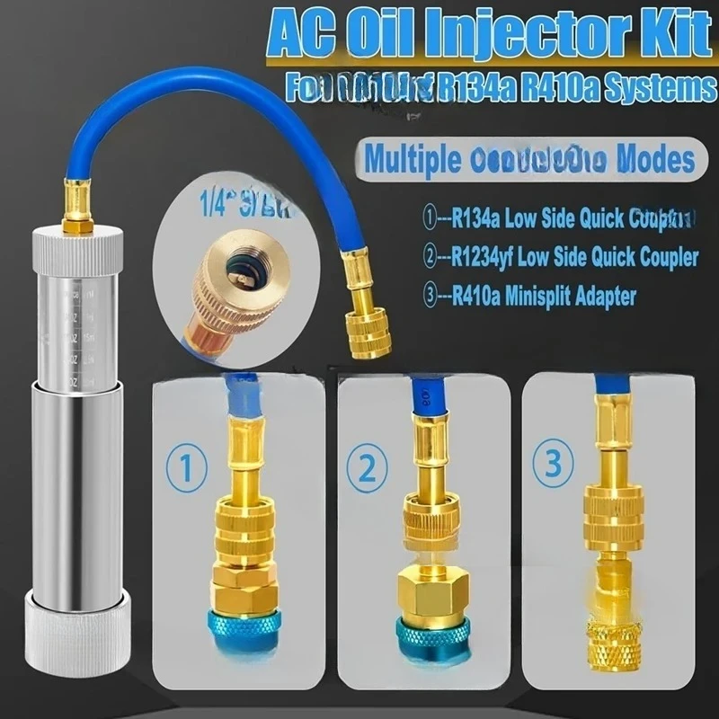 AC Oil Dye Injector Backflow Prevent Kit, With R134A & R1234YF Low Side Quick Coupler, R410A Mini Split Adapter