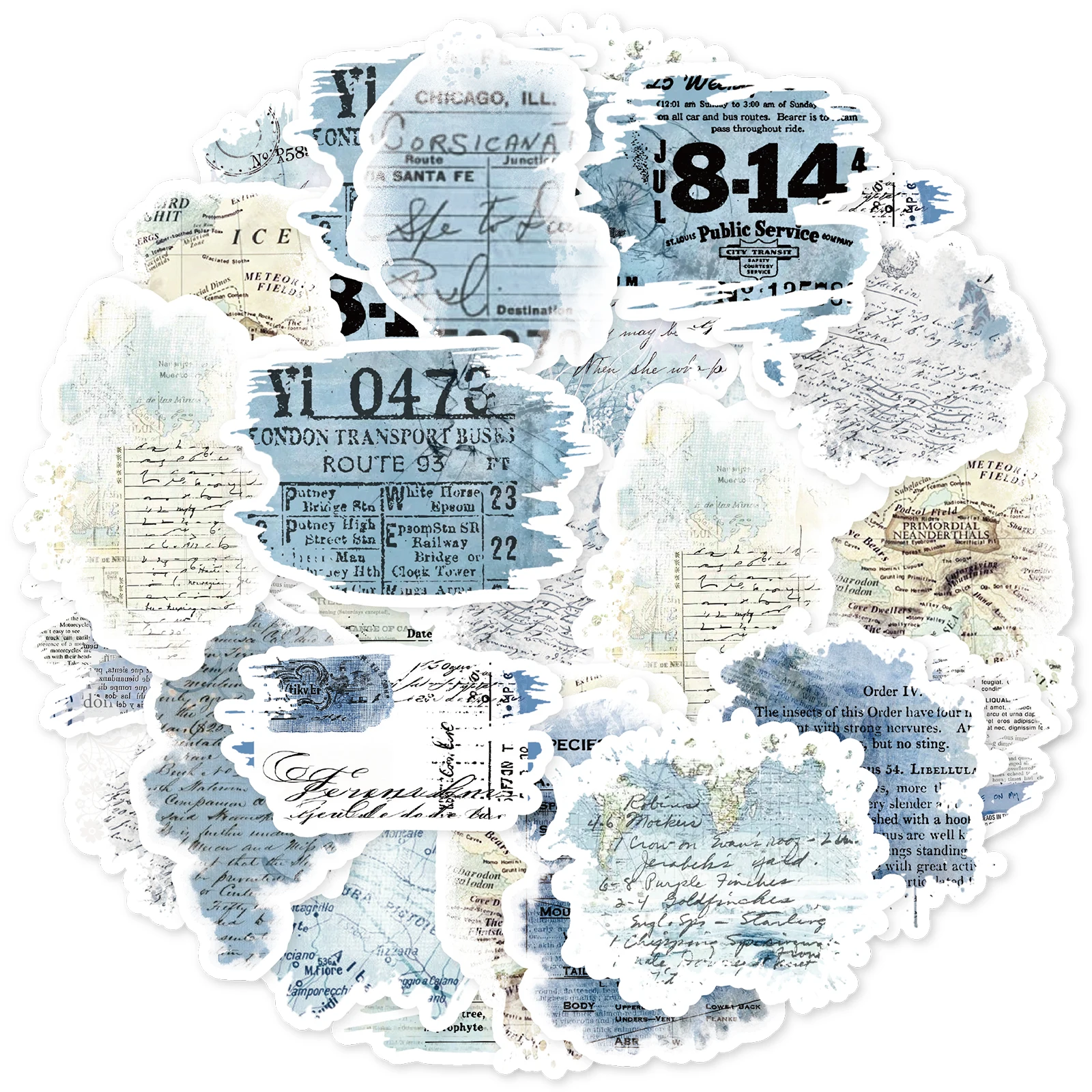 Etori Life 30 Stück Vintage-Aufkleber im Distressed-Stil mit englischen Zeitungstexten, blaue Vintage-Papier-Dekorationsaufkleber, geeignet für handgemachte Scrapbooking-Bedarf, Laptops, Koffer,