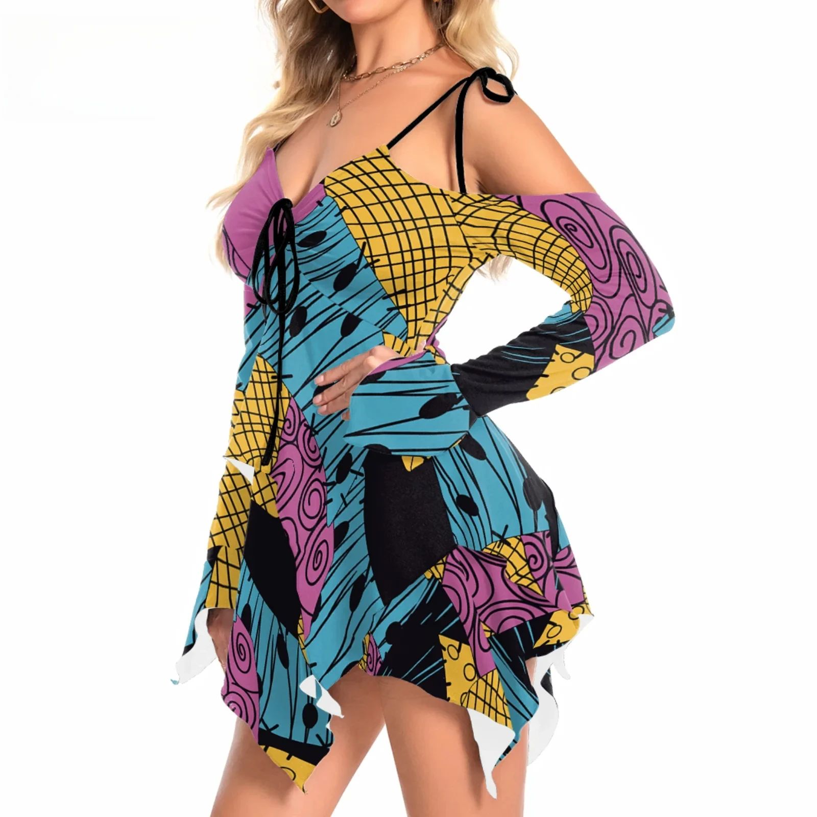 

Sexy Off Shoulder Dress for Women Sally Cosplay Costume Halloween Party Role Playing Long Sleeves Asymmetrical Dresses