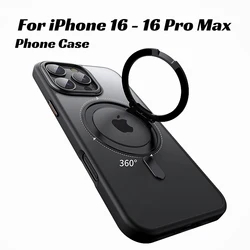 Magnetic 360° Stand Phone Case For iPhone 11 12 13 14 15 16 Pro Max 16Plus Metal Button Lens Protection Transparent Matte Cover