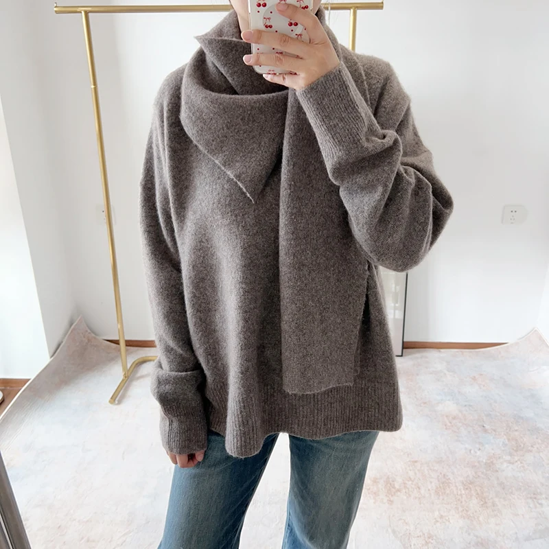 

Дизайнерский шарф из чистой шерсти яка с интегрированным роскошным свитером: модный вязаный свитер в стиле Lazy для женщин, осень-зима