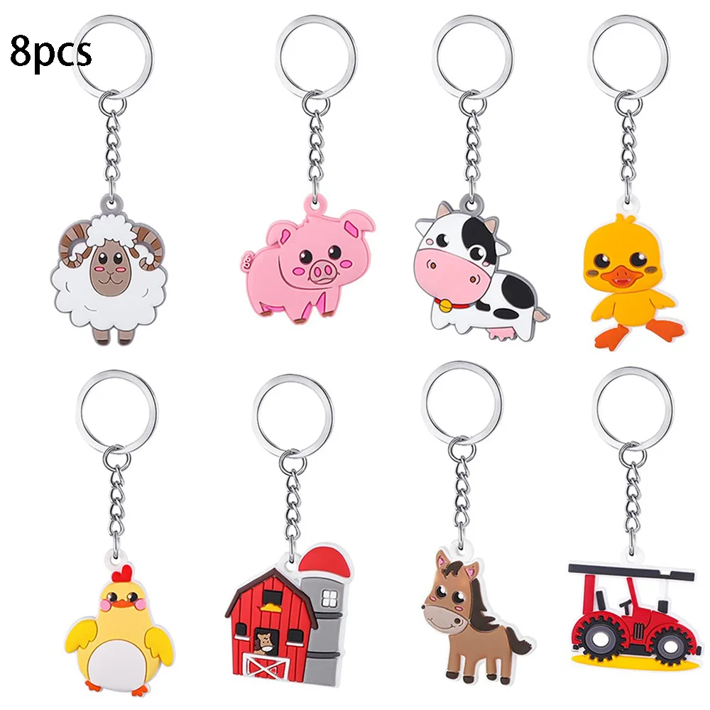 8 Pcs Farm Animal zenonl Birthday Party Decoration Gift Keychain Baby Shower Decorations Cute Cow Key Ring Barn Theme