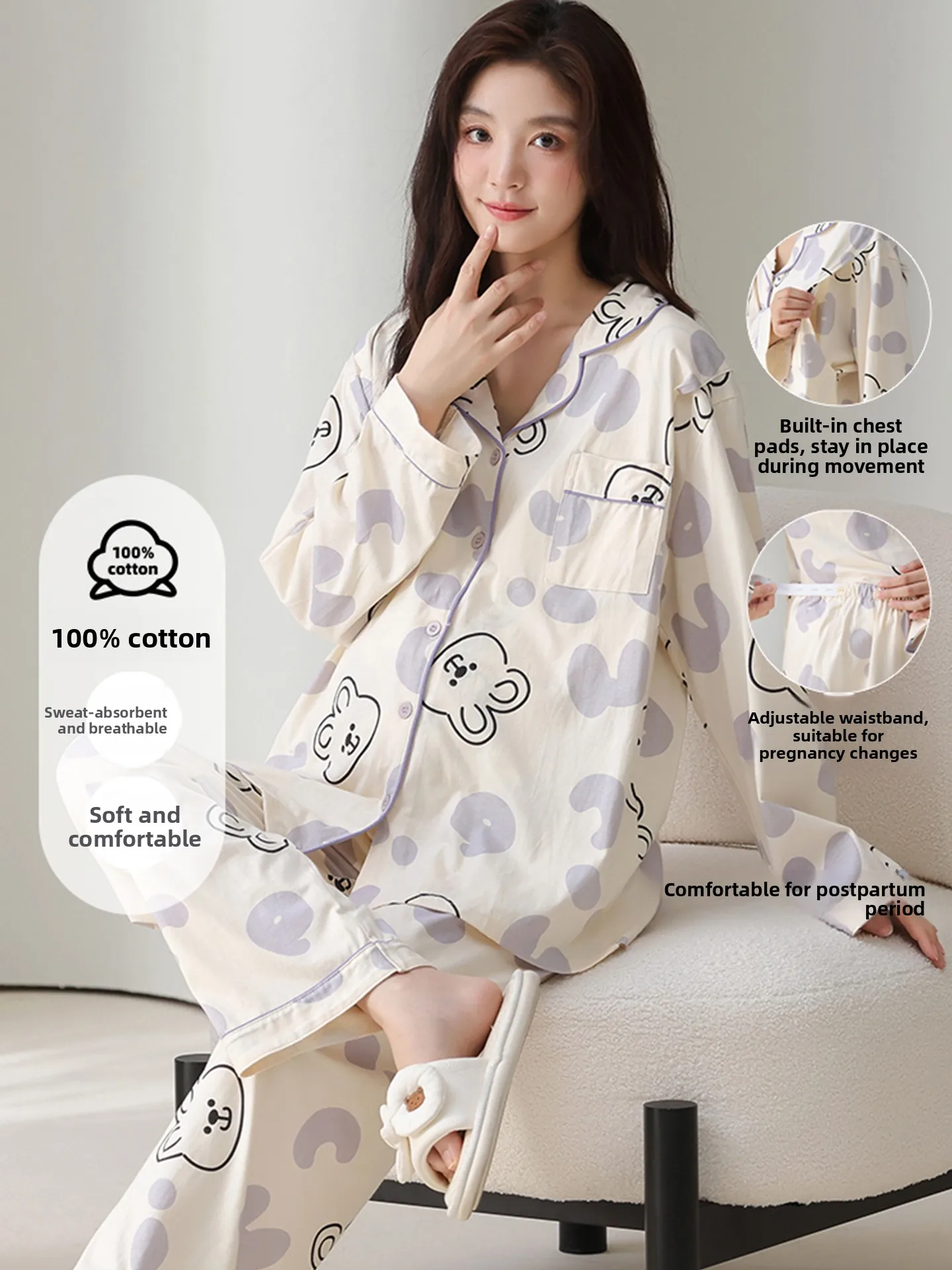 100-cotton-maternity-nightgown-women's-v-neck-spring-summer-autumn-breastfeeding-sleepwear-with-chest-pad-home-clothes