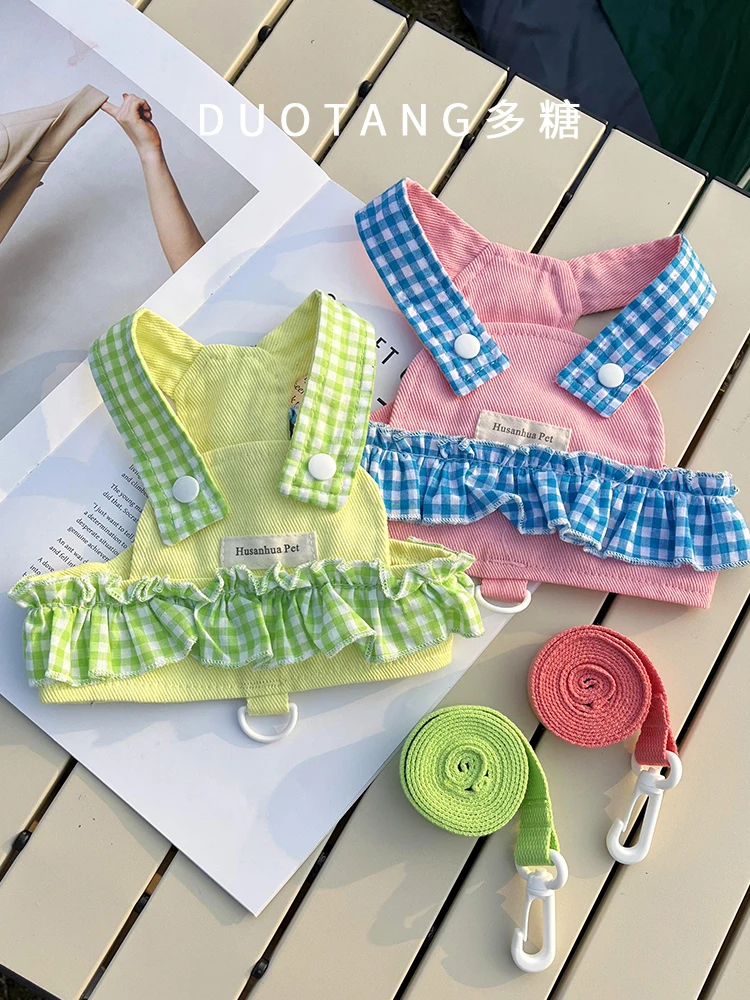 

Spring Summer Breathable Dog Dress Harness Leash Set for Small Dogs Cats Plaid Floral Girl Dog Cute Puppy Princess Clothes