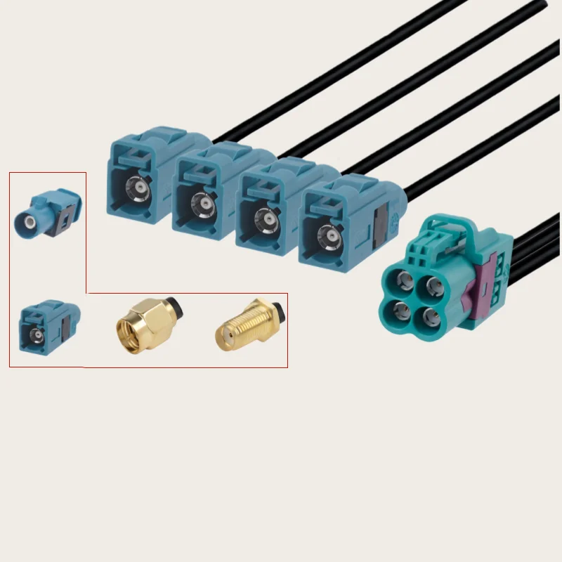 

Rosenberg version MINI FAKRA 4-in-1 female to 4 FAKRA/SMA Male Female connector RG174 coaxial cable