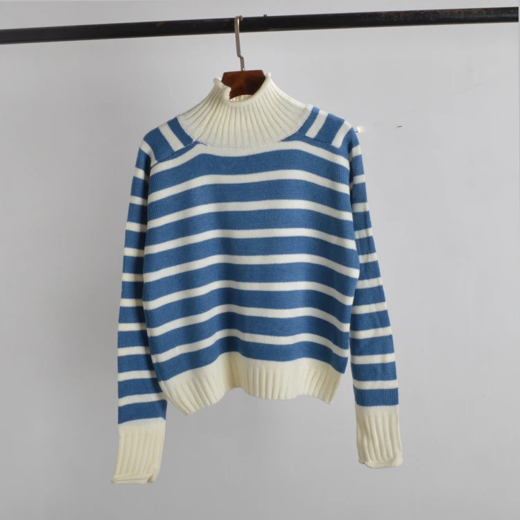 

Осень-зима f Вязаный длинный свитер в полоску с высоким воротником, свободный крой, женский модный свитер, обычный, толстый...