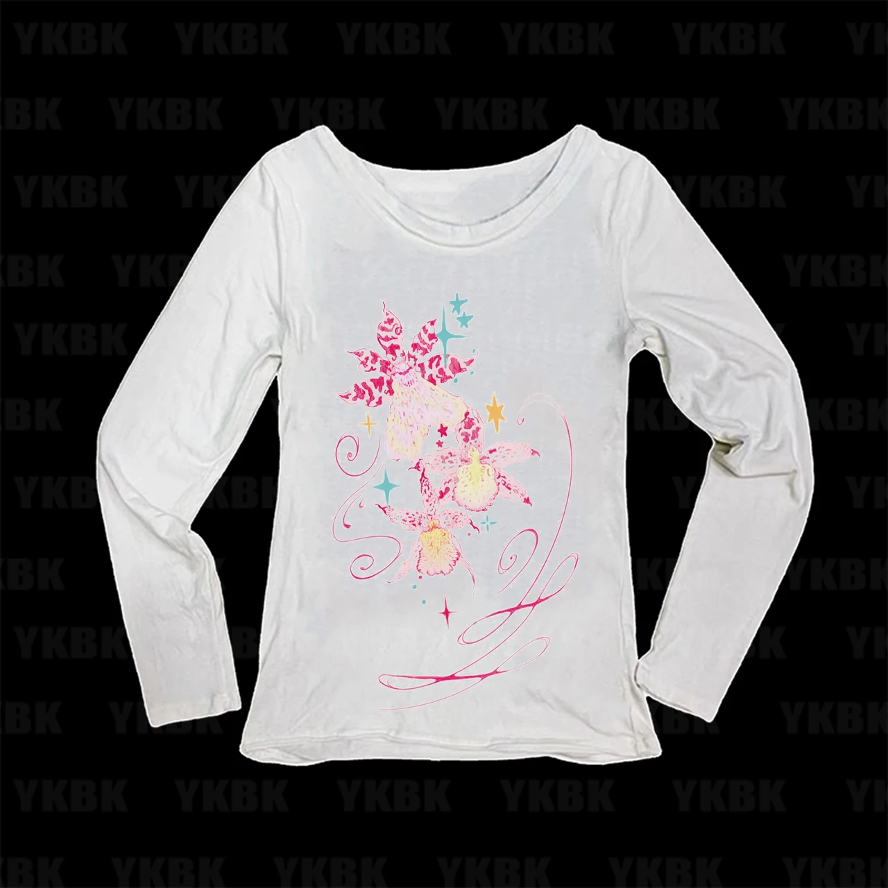 Fairy Aesthetic Women Slim Long Sleeve Top Floral Orchid Star Swirl Print Scoop Neck Y2K Sweet Tee Shirt