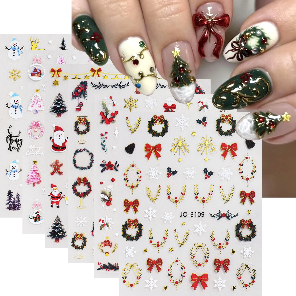 Christmas nail art stickers featuring shiny gold and silver snowflake, bow, and bell designs; self-adhesive plastic nail decals.