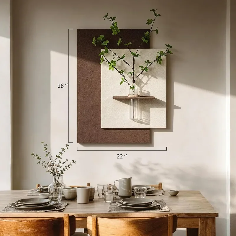 3D Textured Neutral Abstract Plant Wall Art with Vase and Shelf 22x28 In