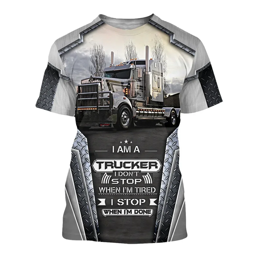 Heavy Car Long Cargo Work  Neutral Street Clothing Men\'s 3d Print Truck Driver T -shirt Short Sleeves