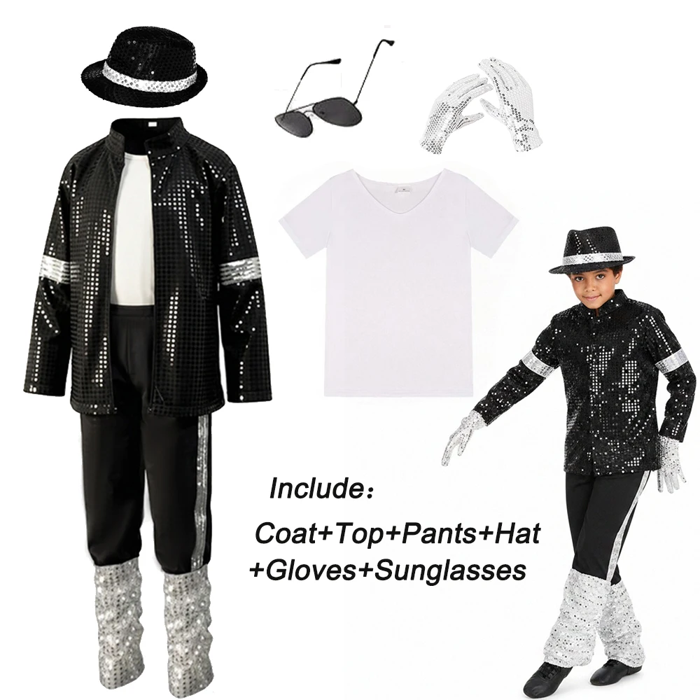 Kids Black Michael Jackson Sequin Costume Full Set Coat Top Pants Hat Halloween Stage Hip Hop Singer Cosplay Outfit