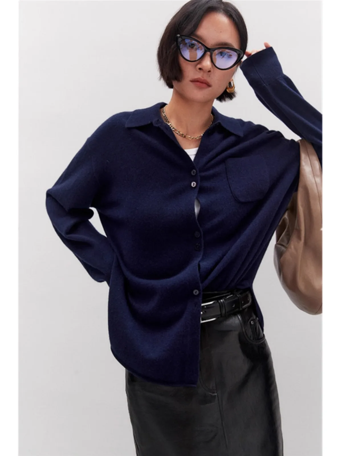 Europe station loose mid-length POLO collar 100% cashmere knit cardigan women\'s spring and autumn large size lapel sweater