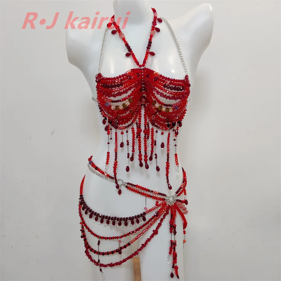 

RJ Fashion Handmade Metal Acrylic Neck Body Chain Pastel Red Beads Halter Dress Sexy Masquerade Stage Party Jewelry Accessories