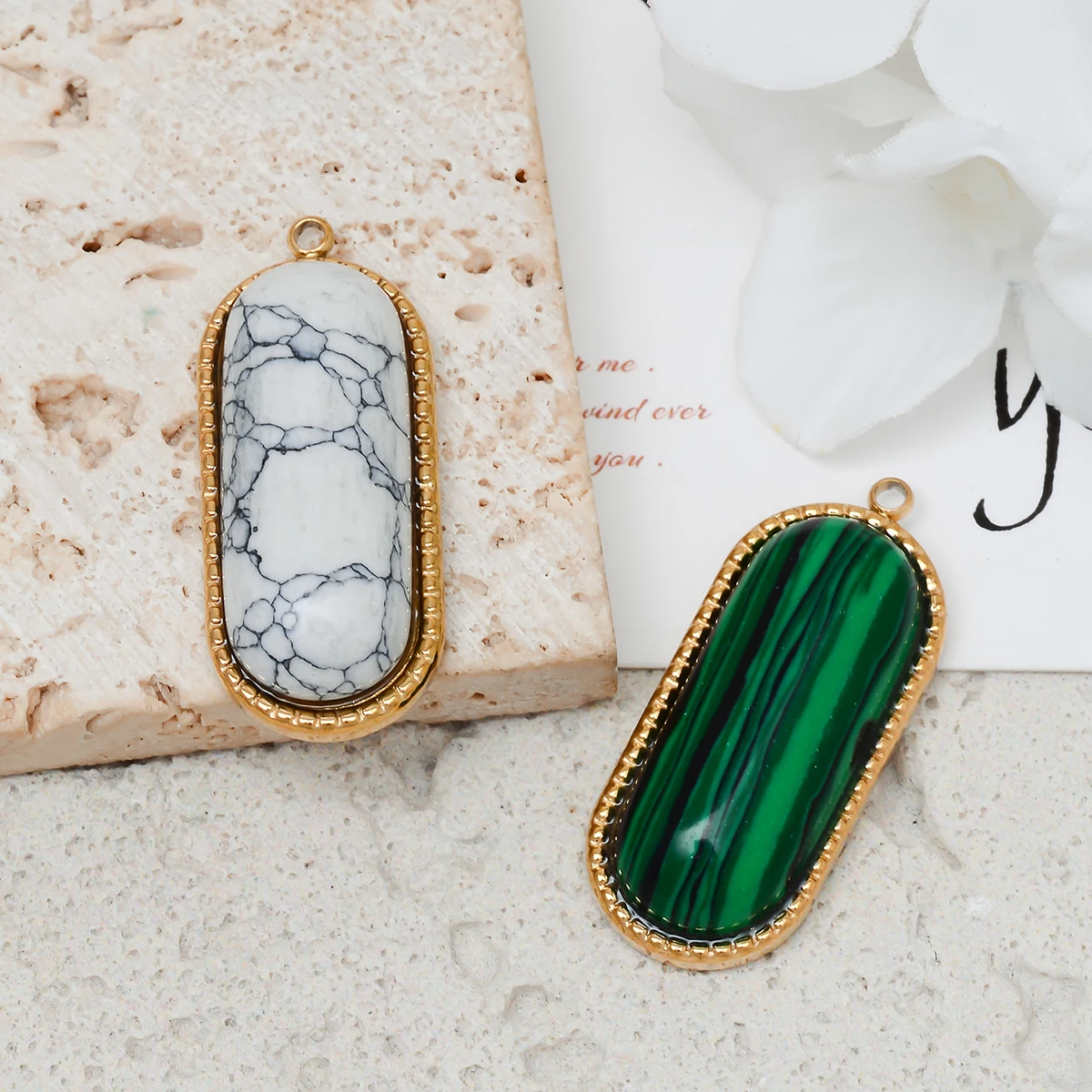 5Pcs Natural Stone Oval Malachite Pendants for Women Stainless Steel Charm Bohemia Pendants DIY Jewelry Making Findings Supplies