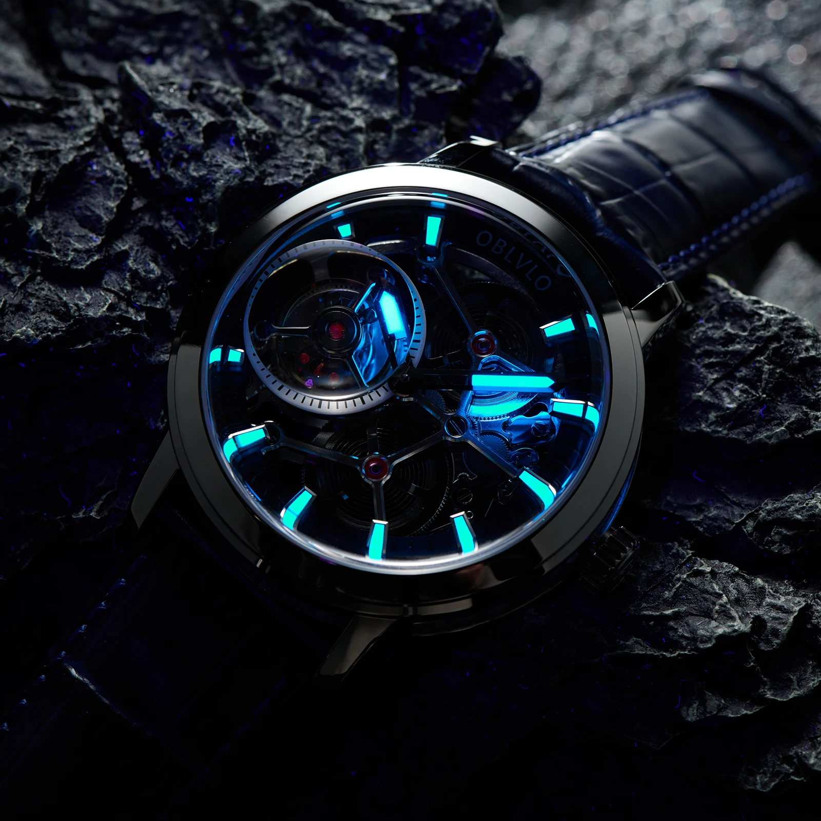 OBLVLO Orologio automatico da uomo 45mm Real Tourbillon Orologio da polso meccanico Luminoso impermeabile Zaffiro Scheletro Chiusura a farfalla