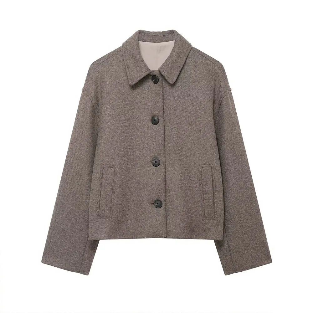 

2025 Winter New Women's Casual Buttoned Pocket Decorated Long Sleeve Lapel Woolen Coat Short Jacket