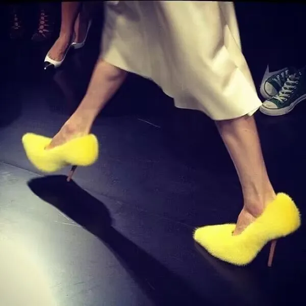 Chic Yellow Fluff Pointy Heels Pumps Women Catwalk Luxury Fur Orange High Heel Shoes Ladies Summer Party Dress Pumps