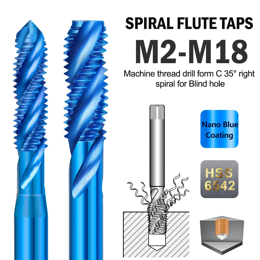 Hss thread tap broca M2-M18 flauta espiral máquina de parafuso da torneira nano azul revestido metal buraco broca broca cnc máquina ferramentas