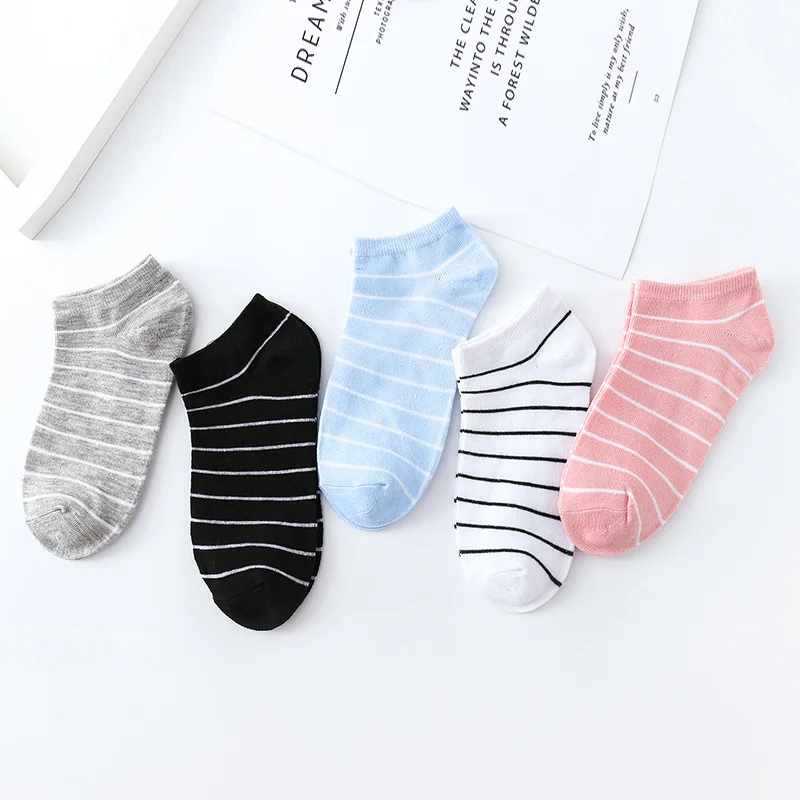 5 Pairs Pack Women Fashion Thin Striped Short Socks Set Female Girls Pinstriped Breathable Polyester Cotton Low Cut Ankle Socks