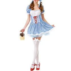 HEZIOWYUN Women's Y2K Cosplay Costumes Short Puff Sleeve Square Neck Lace Patchwork Plaid Halloween A-line Layered Mini Dress