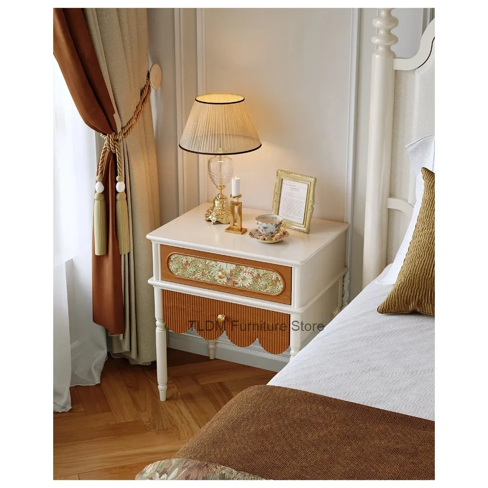 French Retro Nightstand, Vintage Cream‑Style Light‑Luxury Bedside Cabinet, Practical Master Bedroom Storage Cabinet