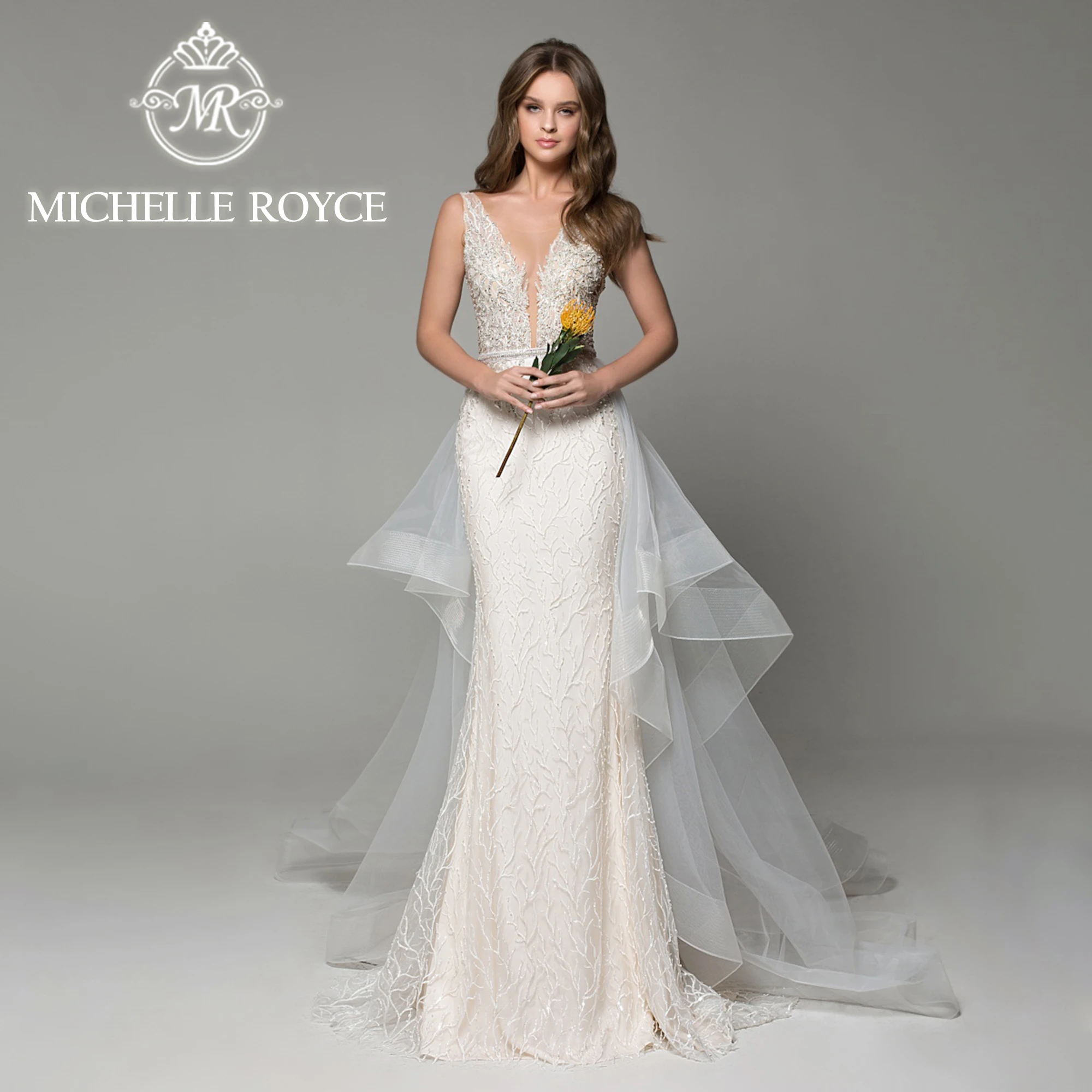 Michelle Royce 2 IN 1Mermaid Wedding Dresses Sexy Deep V-neck Beading Detachable Train Backless Wedding Gown Vestidos De Novia