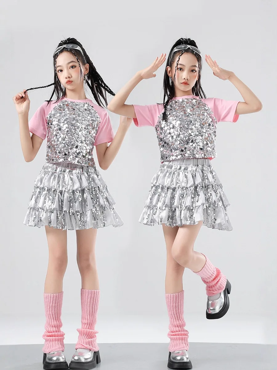 الأطفال ملابس رقص الجاز Kpop أداء ملابس الفتيات الوردي الفضة الترتر الأعلى شرابة تنورة موضة عرض مسرحي الزي 4584
