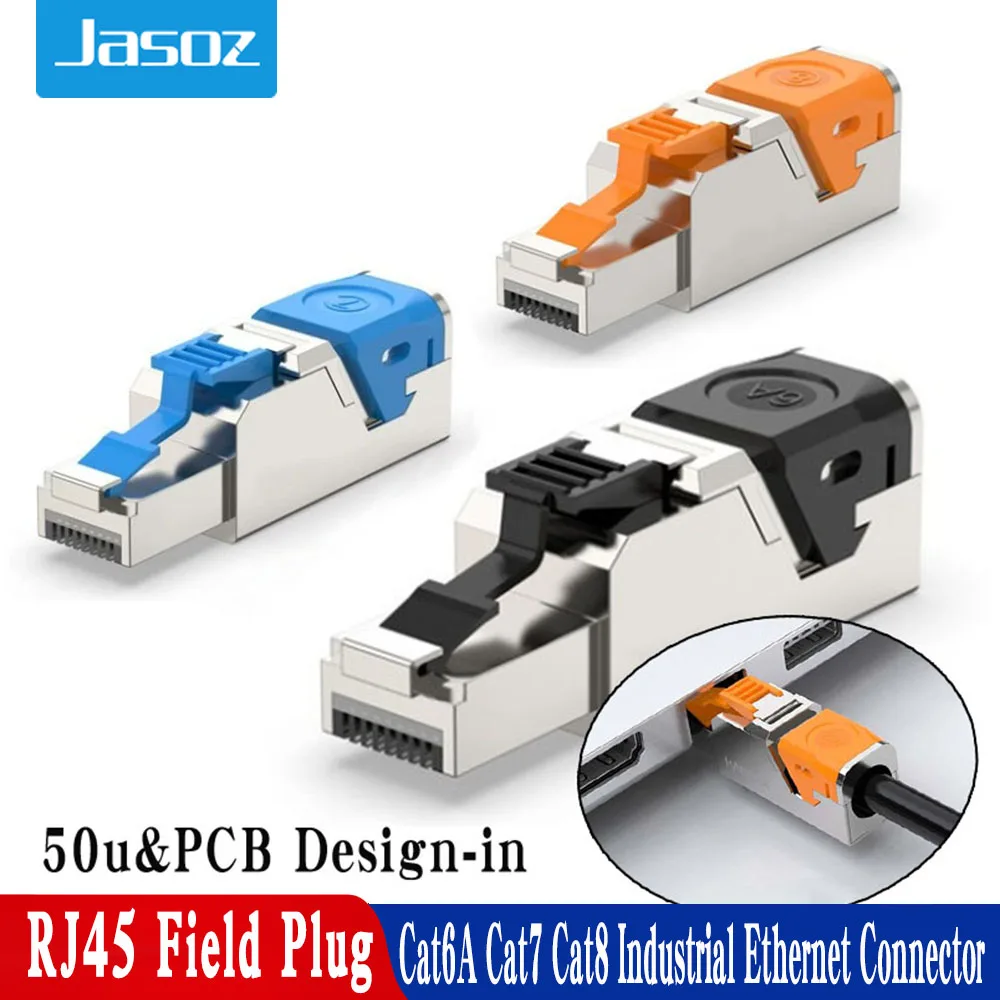 Jasoz Cat6A Cat7 Cat8 Industrial Ethernet Connector RJ45 Shielded Field Plug Tool Free Easy Metal Die-Cast Termination Conector