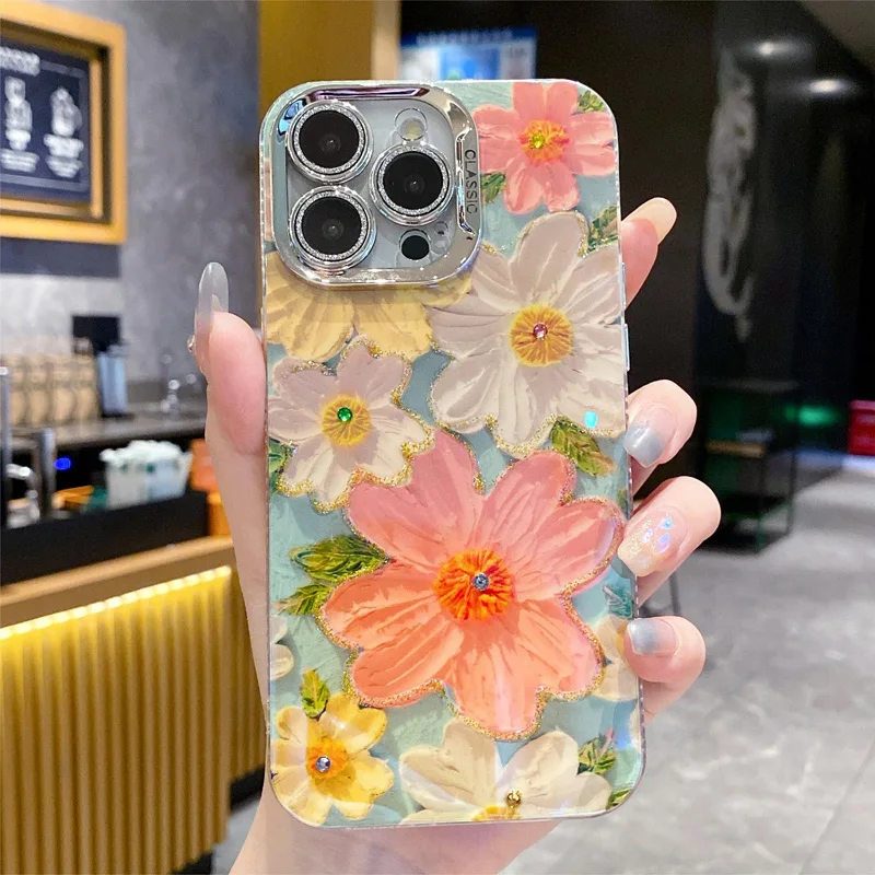 

Ottwn Luxury Oil Painting Pink Laser Flowers Phone Case For iPhone 14 11 12 13 15 Pro Max Plus Shockproof Soft Back Bumper Cover