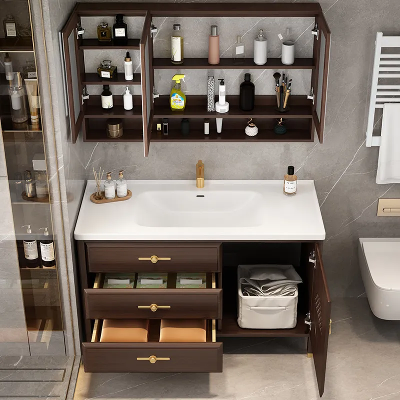 

Oak floor-standing bathroom cabinet combination solid wood bathroom washbasin ceramic integrated basin bathroom cabinet