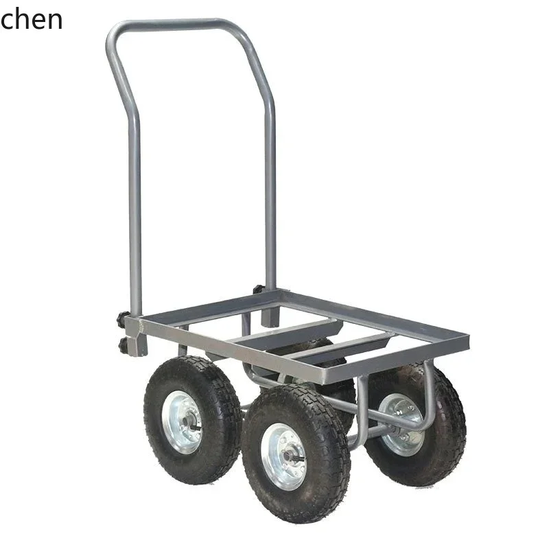 

H5.26 hand push and pull goods flatbed truck 4 wheels trolley plastic basket cart inflatable labor-saving large wheel