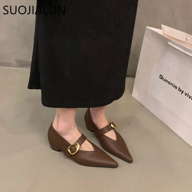 SUOJIALUN Women Flat Shoes Fashion Pointed Toe Shallow Slip On Ladies Dress Ballet Shoes Flat Heel Ladies Casual Mary Jane Shoes