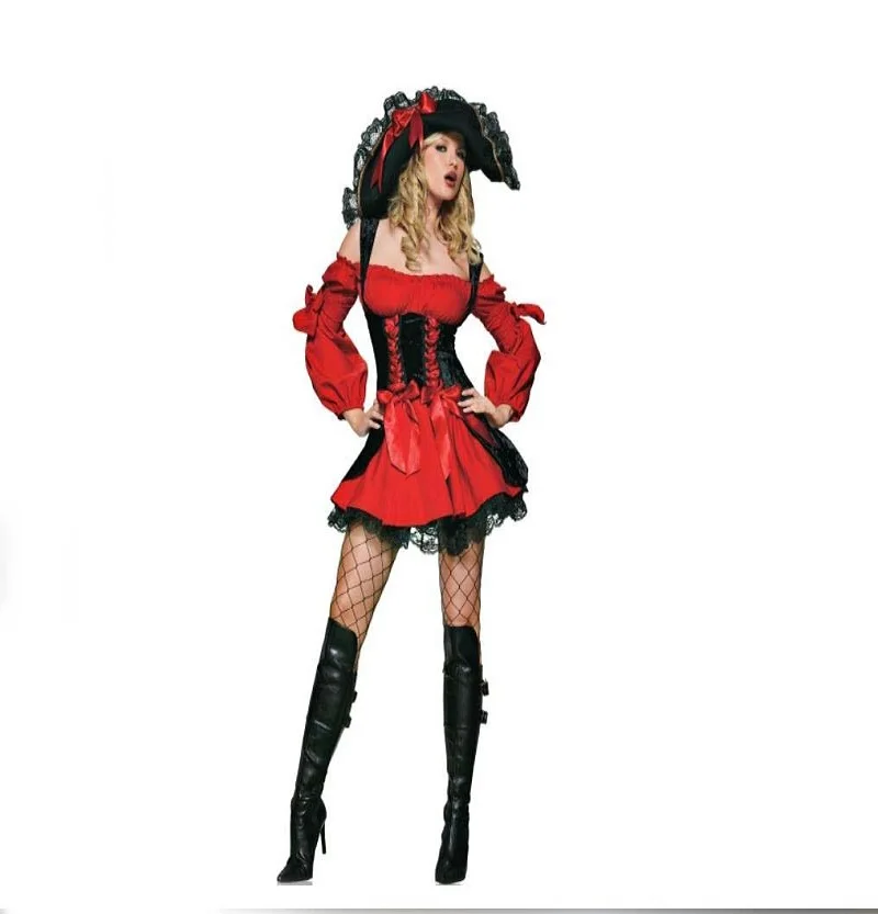 Woman Caribbean Pirate Costume Dress Girls Female Hat Party Cosplay Costume Clothes Halloween Role-playing Dresses