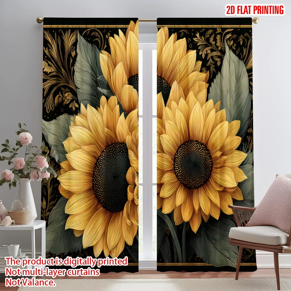 

2D flat printing 2pcs Curtain Sunflowers with Leaves Digital Printed Polyester Drapes Festive Curtains Perfect for Parties and