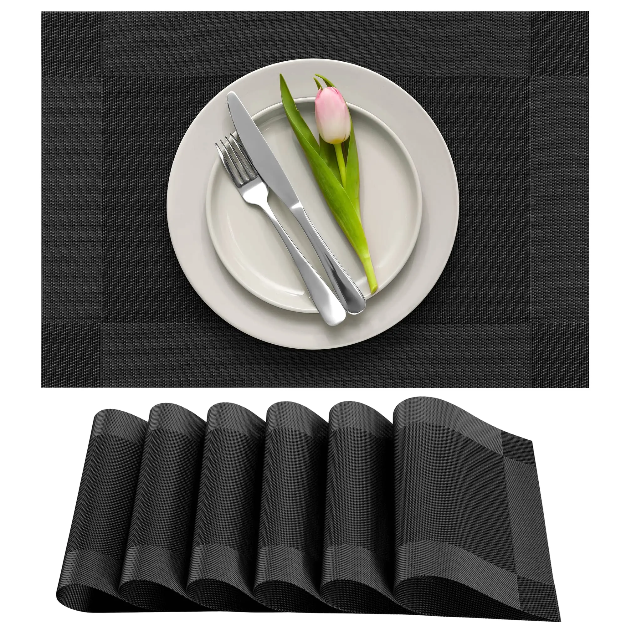 Dining Table Placemats, Washable, Heat-Resistant, PVC Vinyl Table Mats for Dining Room and Kitchen, Anti-Slip, Set of 4, Black