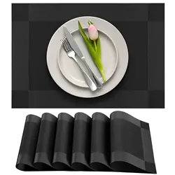 Dining Table Placemats, Washable, Heat-Resistant, PVC Vinyl Table Mats for Dining Room and Kitchen, Anti-Slip, Set of 4, Black