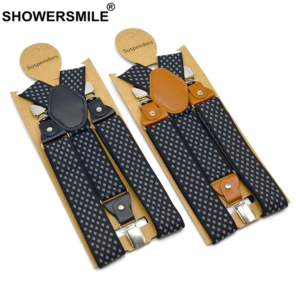 SHOWERSMILE Men\'s Suspenders Formal Trouser Belt Diamond Suspenders Vintage Men Braces Suspender Elastic Clips Pants Strap 120cm