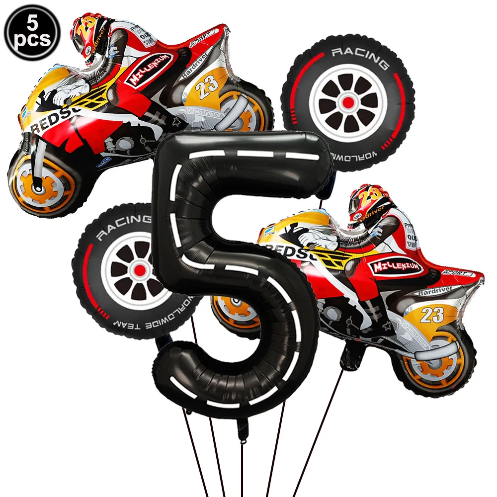 5Pcs Motorcycle Foil Balloon Black Number Motorcycle Wheel Tire Balloon Boys 5nd Birthday Party Racing Car Theme Party Decor